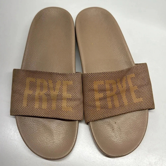 Frye Medallion Slides Slip On Sandals Flip Flops Shoes Logo Spellout Tan 8.5 - Picture 1 of 8